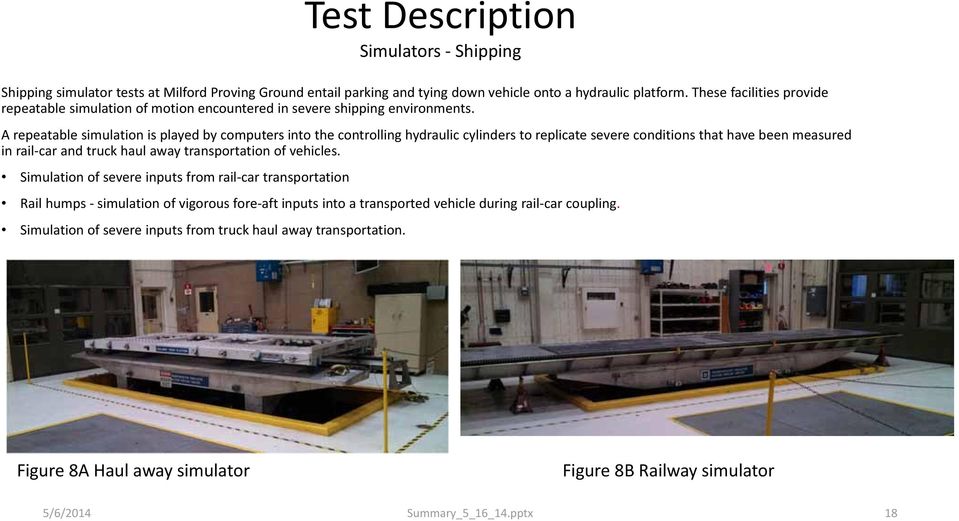 A repeatable simulation is played by computers into the controlling hydraulic cylinders to replicate severe conditions that have been measured in rail car and truck haul away transportation of