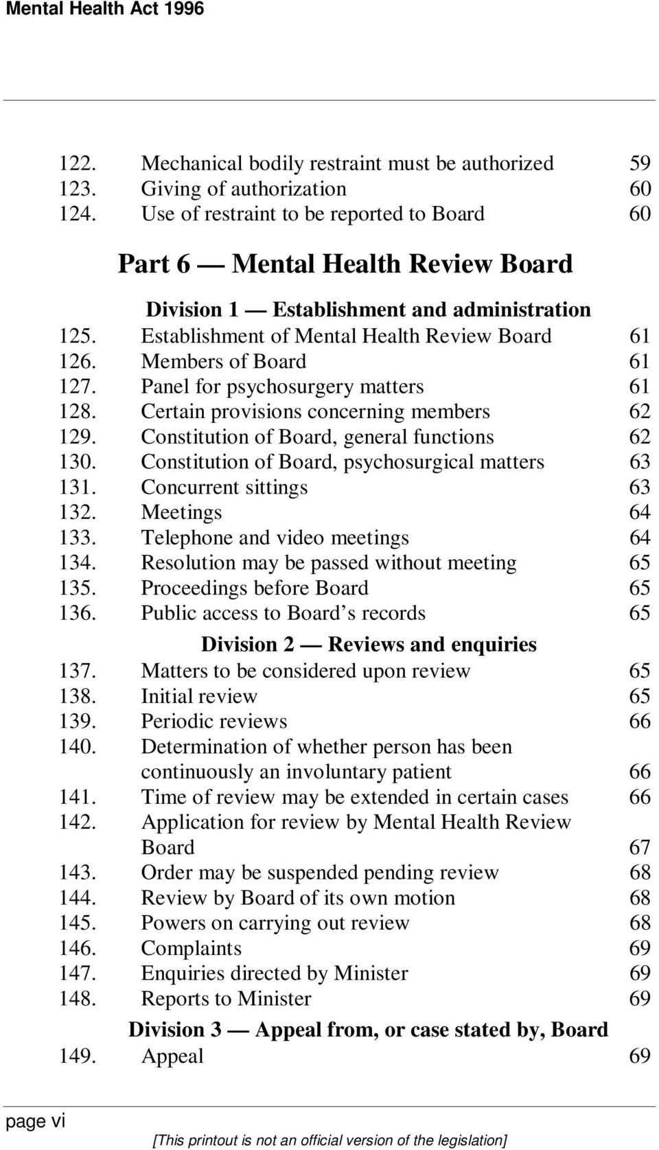 Members of Board 61 127. Panel for psychosurgery matters 61 128. Certain provisions concerning members 62 129. Constitution of Board, general functions 62 130.