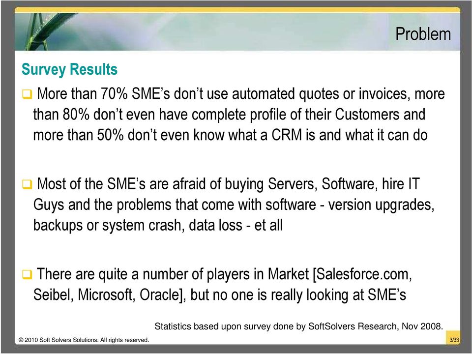 software - version upgrades, backups or system crash, data loss - et all There are quite a number of players in Market [Salesforce.
