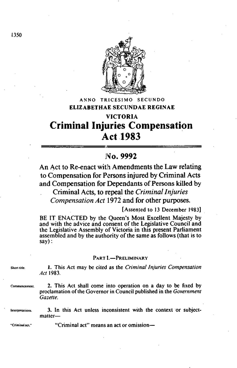 Criminal Injuries Compensation Act 1972 and for other purposes.