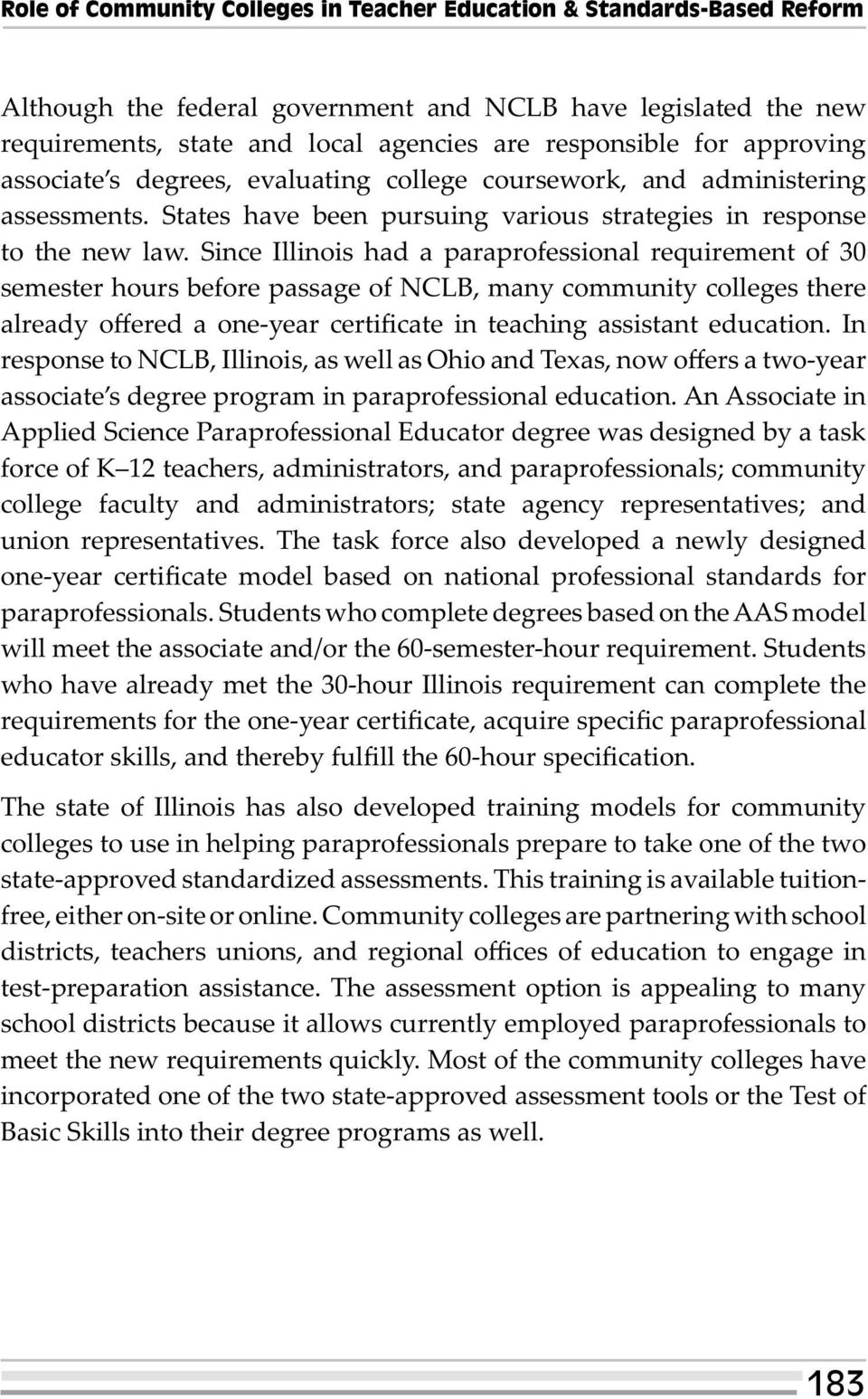 Since Illinois had a paraprofessional requirement of 30 semester hours before passage of NCLB, many community colleges there already offered a one-year certificate in teaching assistant education.