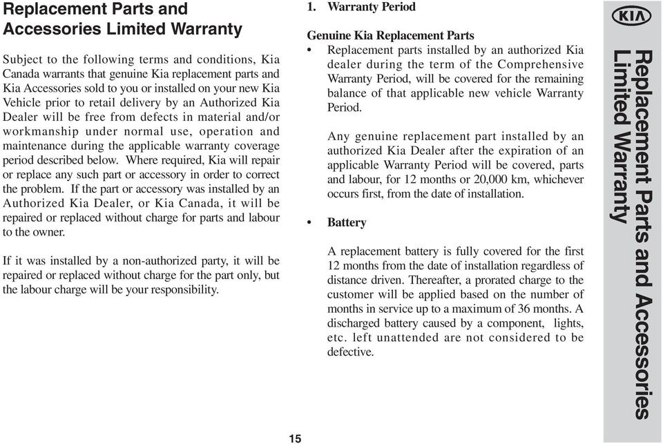 warranty coverage period described below. Where required, Kia will repair or replace any such part or accessory in order to correct the problem.