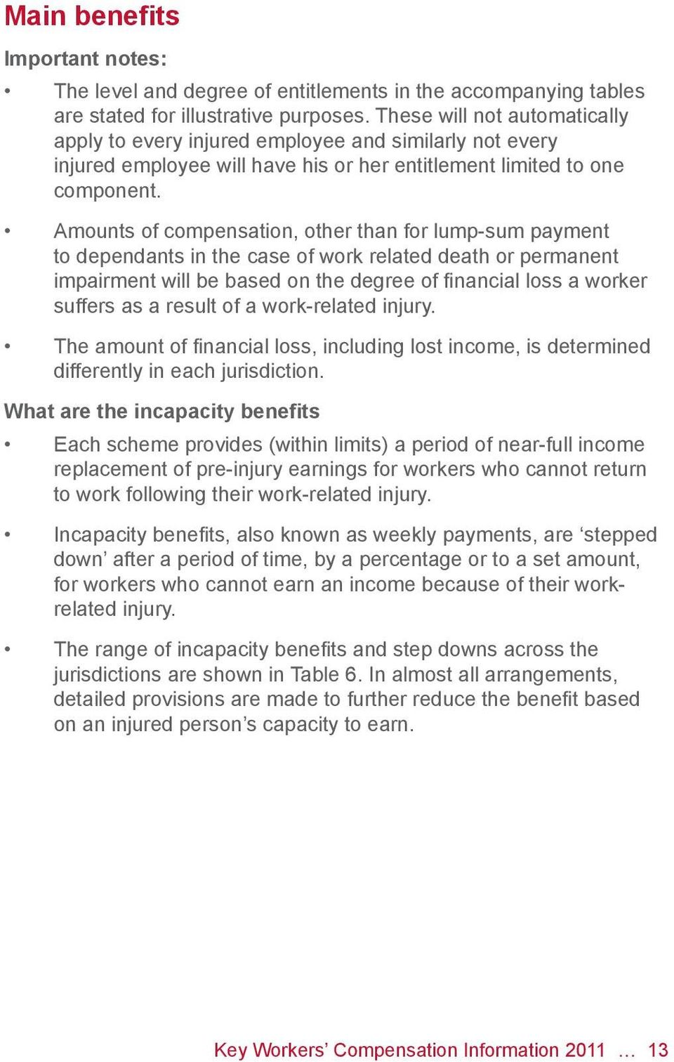 Amounts of compensation, other than for lump-sum payment to dependants in the case of work related death or permanent impairment will be based on the degree of financial loss a worker suffers as a