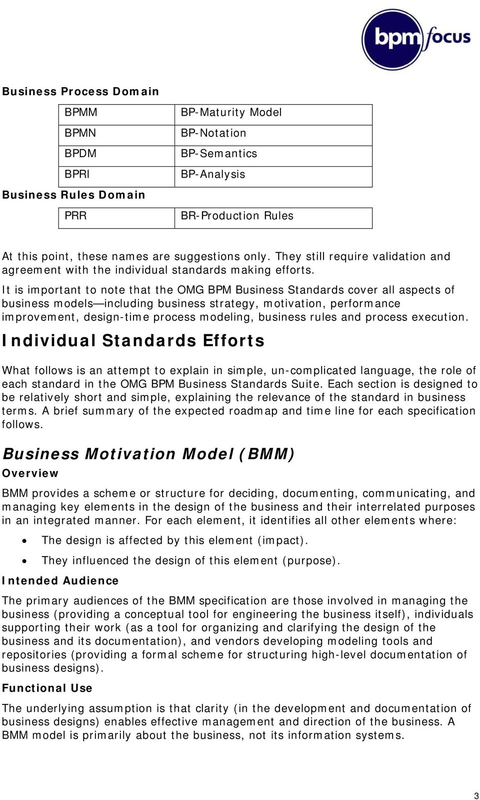 It is important to note that the OMG BPM Business Standards cover all aspects of business models including business strategy, motivation, performance improvement, design-time process modeling,