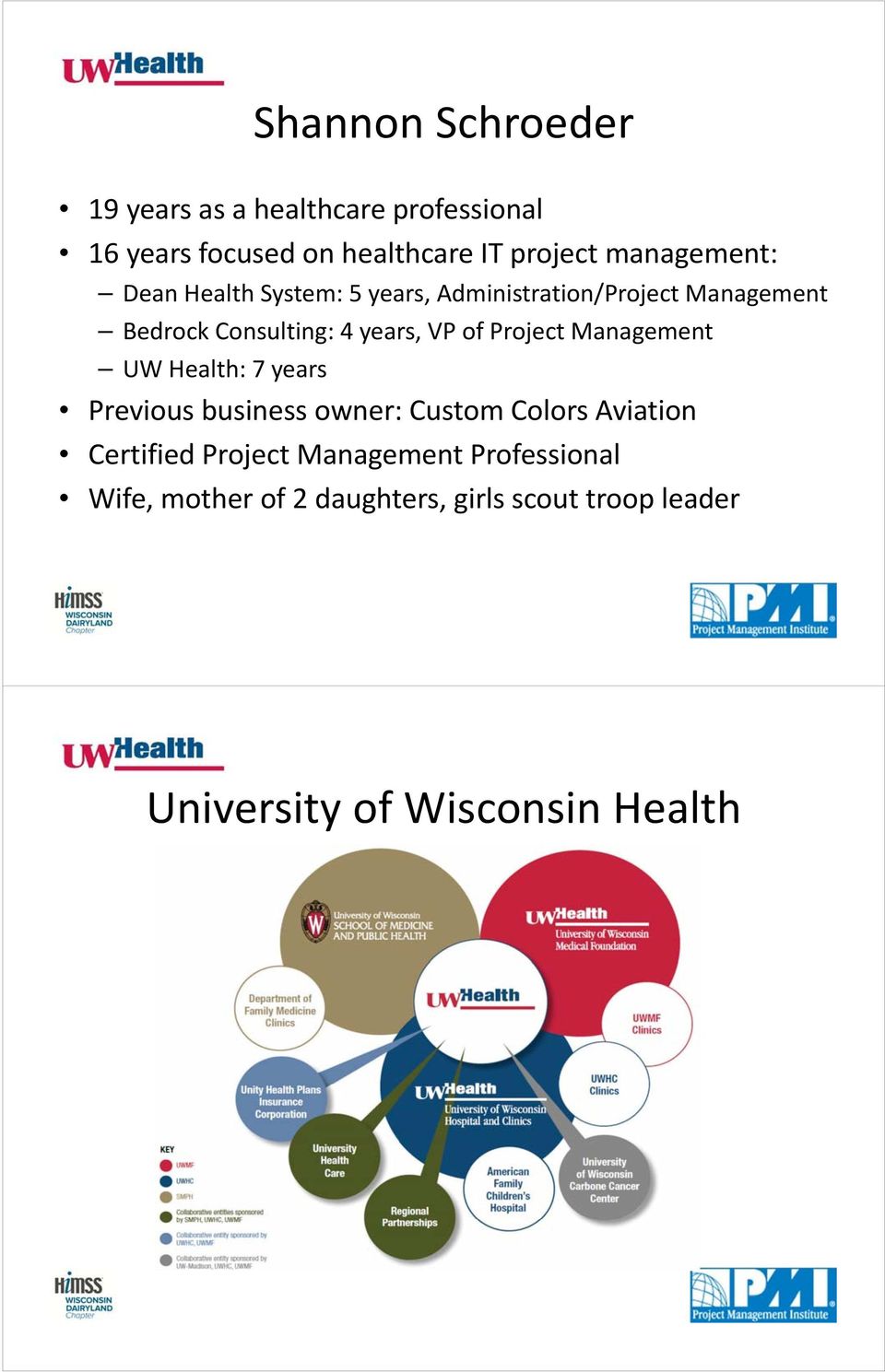 VP of Project Management UW Health: 7 years Previous business owner: Custom Colors Aviation Certified