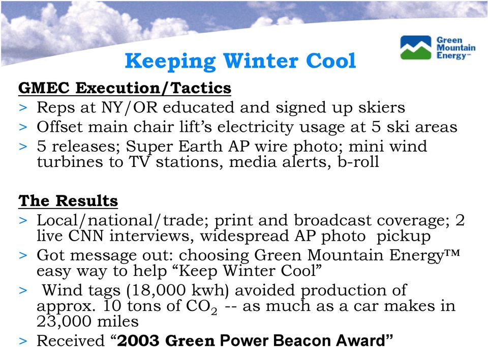 broadcast coverage; 2 live CNN interviews, widespread AP photo pickup > Got message out: choosing Green Mountain Energy easy way to help Keep Winter