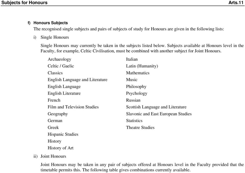 subjects listed below. Subjects available at Honours level in the Faculty, for example, Celtic Civilisation, must be combined with another subject for Joint Honours.