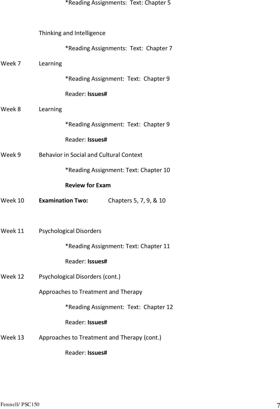 Week 10 Examination Two: Chapters 5, 7, 9, & 10 Week 11 Psychological Disorders *Reading Assignment: Text: Chapter 11 Reader: Issues# Week 12 Psychological Disorders (cont.