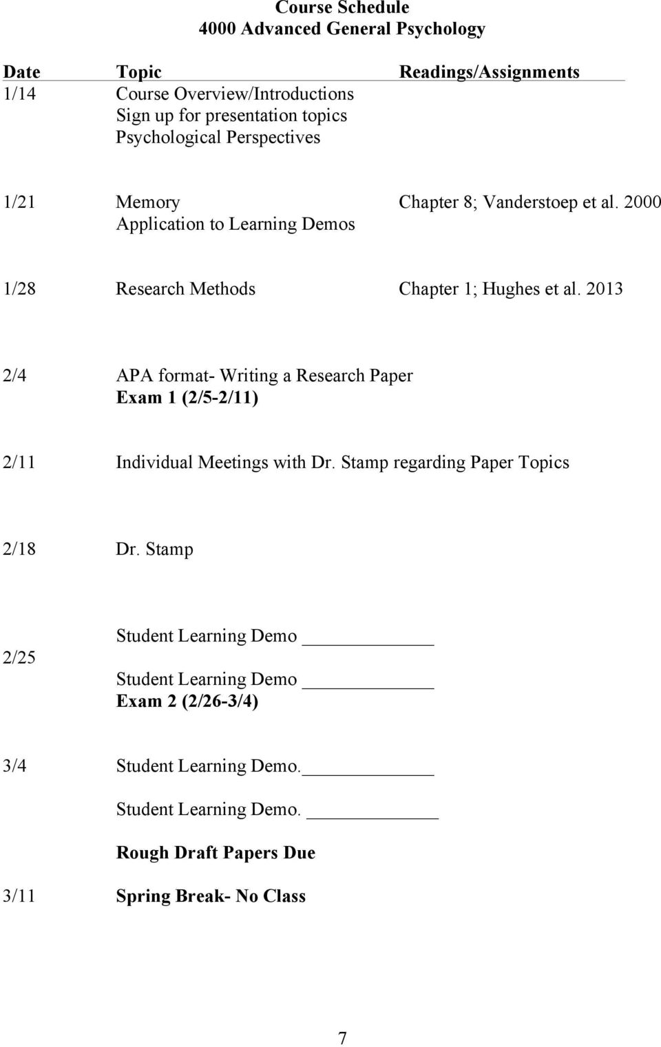 2013 2/4 APA format- Writing a Research Paper Exam 1 (2/5-2/11) 2/11 Individual Meetings with Dr. Stamp regarding Paper Topics 2/18 Dr.