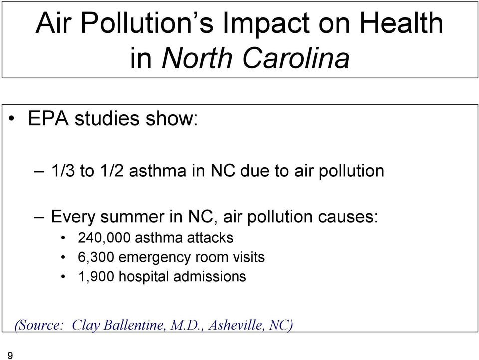 pollution causes: 240,000 asthma attacks 6,300 emergency room visits