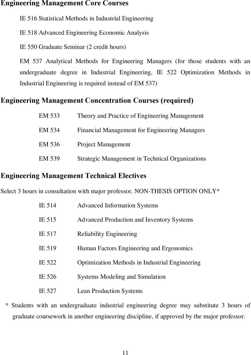 Engineering Management Concentration Courses (required) EM 533 EM 534 EM 536 EM 539 Theory and Practice of Engineering Management Financial Management for Engineering Managers Project Management