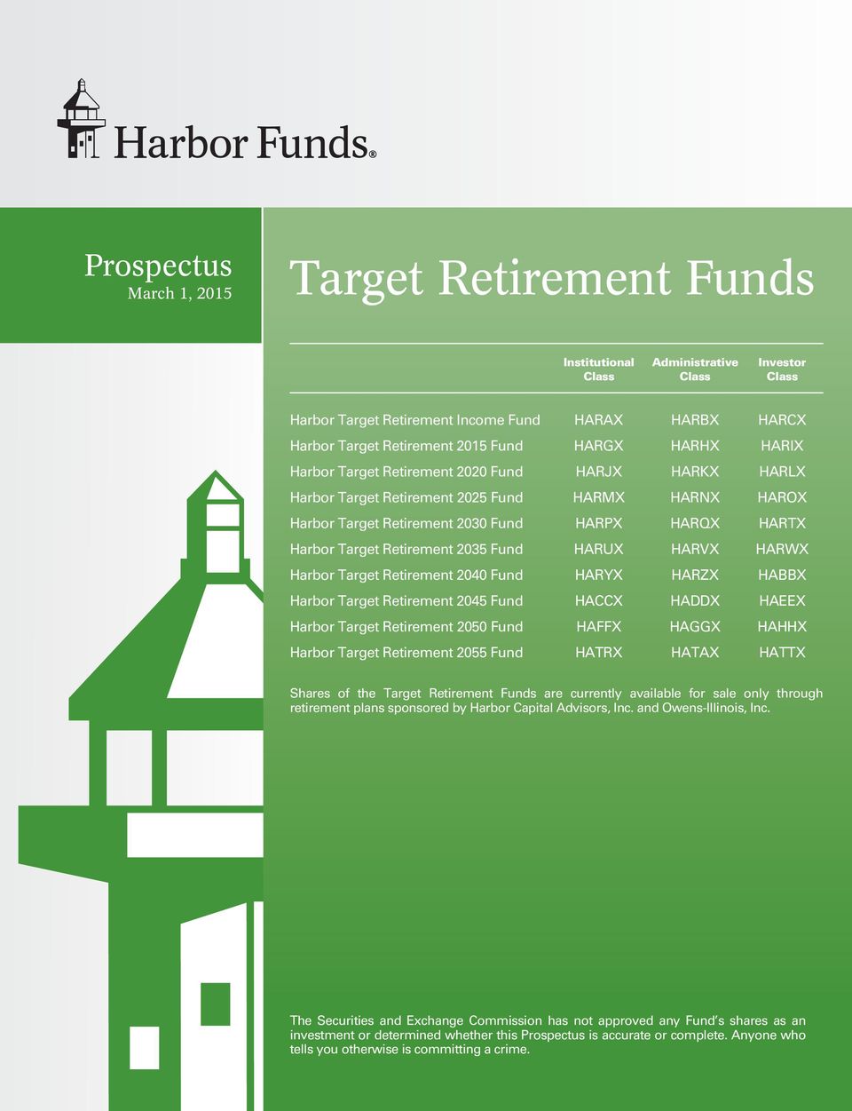 Retirement 2035 Fund HARUX HARVX HARWX Harbor Target Retirement 2040 Fund HARYX HARZX HABBX Harbor Target Retirement 2045 Fund HACCX HADDX HAEEX Harbor Target Retirement 2050 Fund HAFFX HAGGX HAHHX