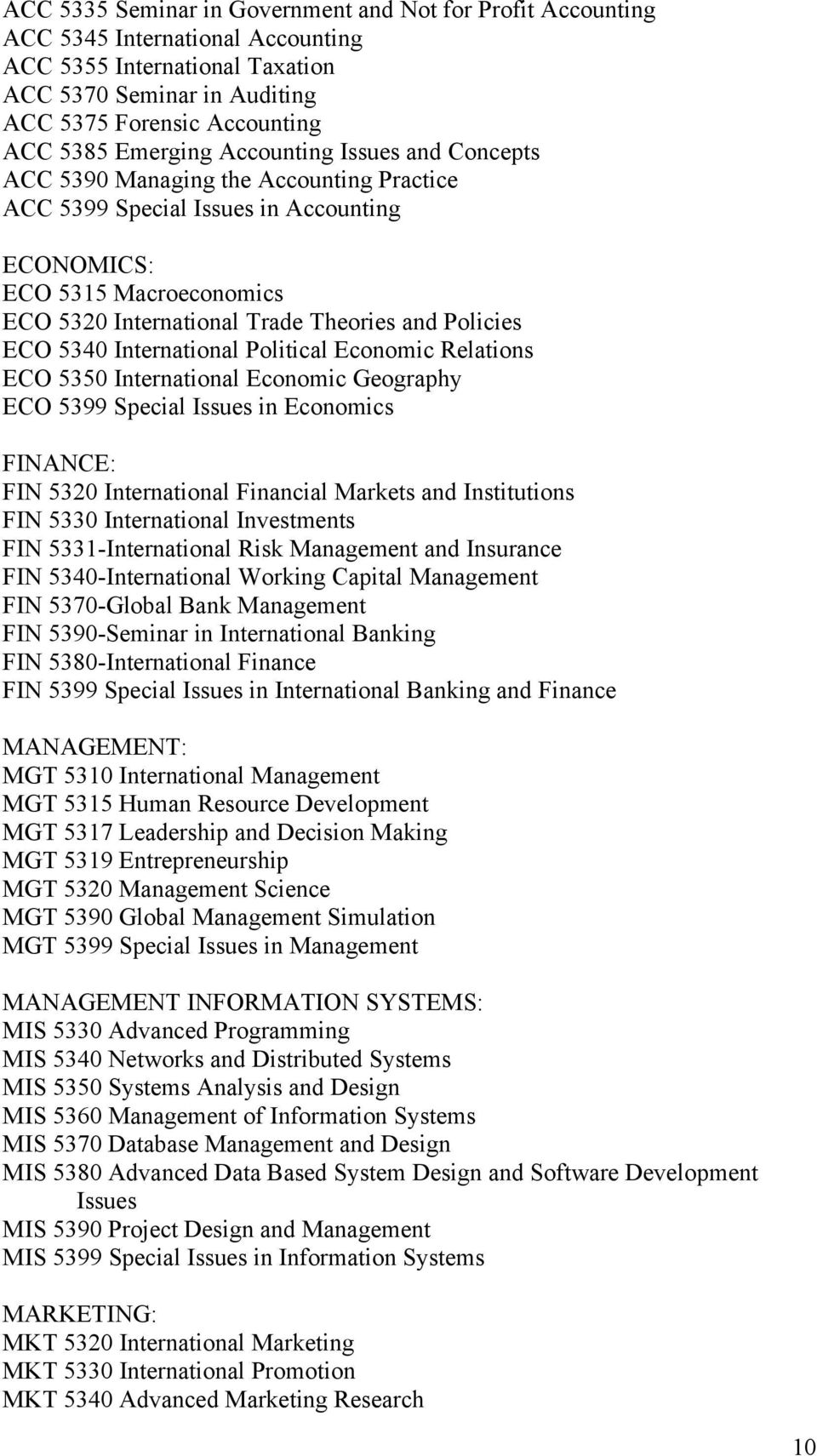 Policies ECO 5340 International Political Economic Relations ECO 5350 International Economic Geography ECO 5399 Special Issues in Economics FINANCE: FIN 5320 International Financial Markets and