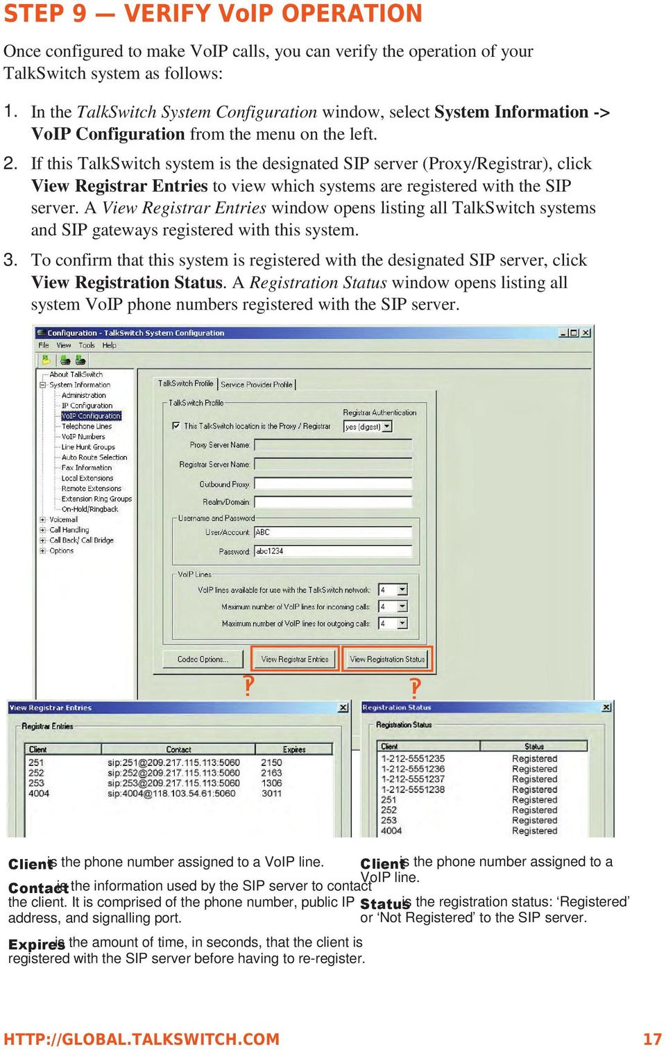 If this TalkSwitch system is the designated SIP server (Proxy/Registrar), click View Registrar Entries to view which systems are registered with the SIP server.