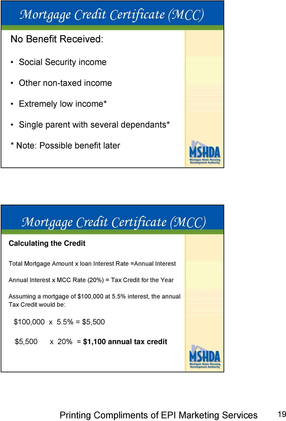 Mortgage Amount x loan Interest Rate =Annual Interest Annual Interest x MCC Rate (20%) = Tax Credit for the Year Assuming a