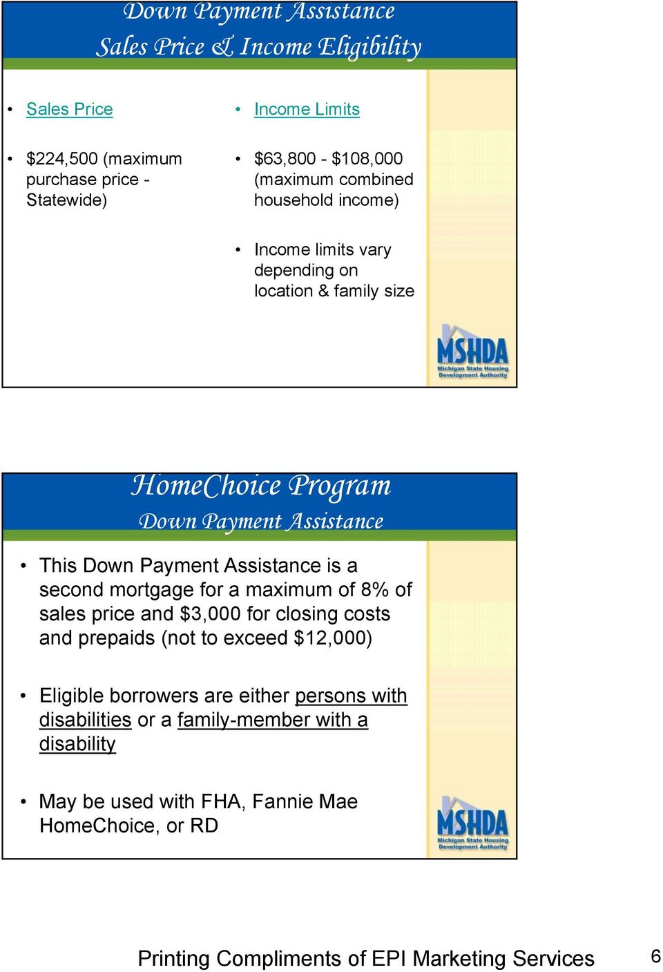 This Down Payment Assistance is a second mortgage for a maximum of 8% of sales price and $3,000 for closing costs and prepaids (not to exceed