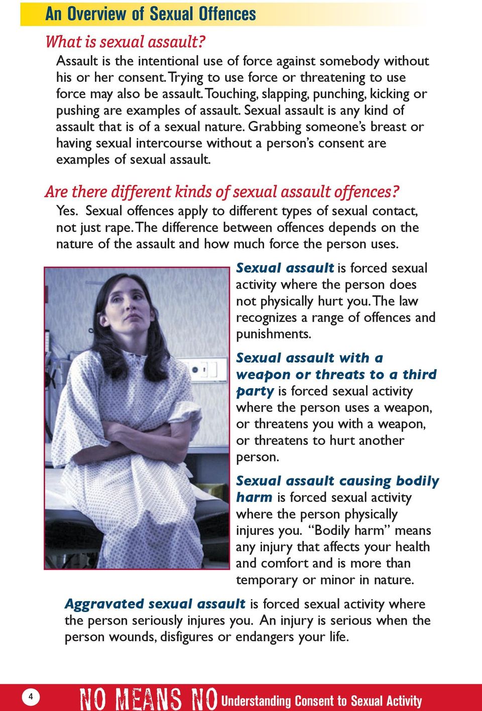 Sexual assault is any kind of assault that is of a sexual nature. Grabbing someone s breast or having sexual intercourse without a person s consent are examples of sexual assault.