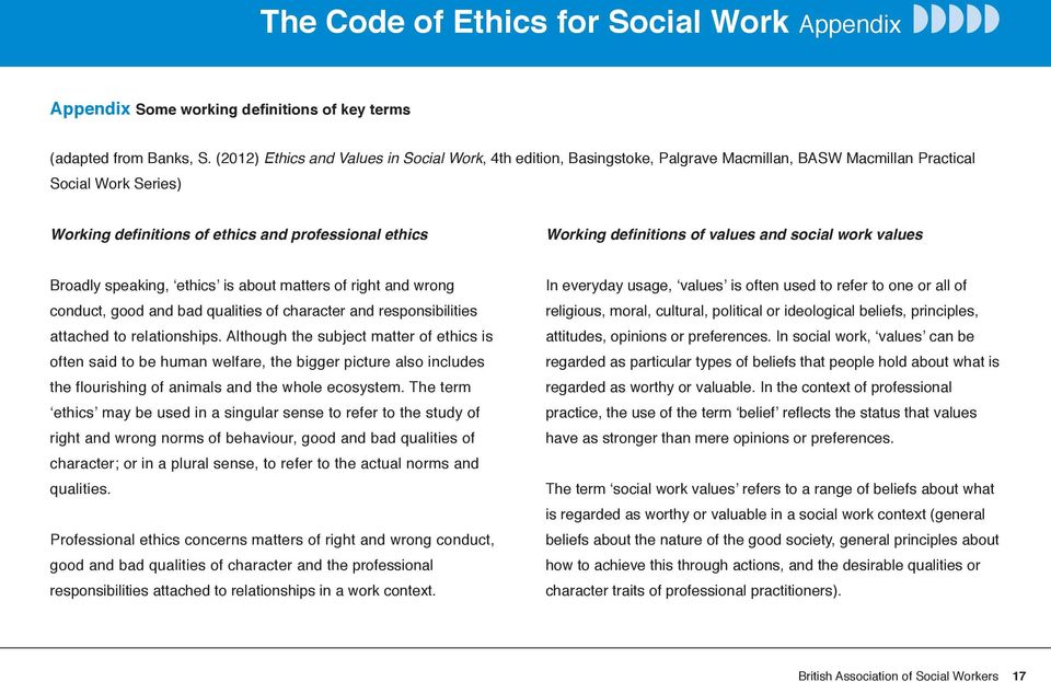 definitions of values and social work values Broadly speaking, ethics is about matters of right and wrong conduct, good and bad qualities of character and responsibilities attached to relationships.