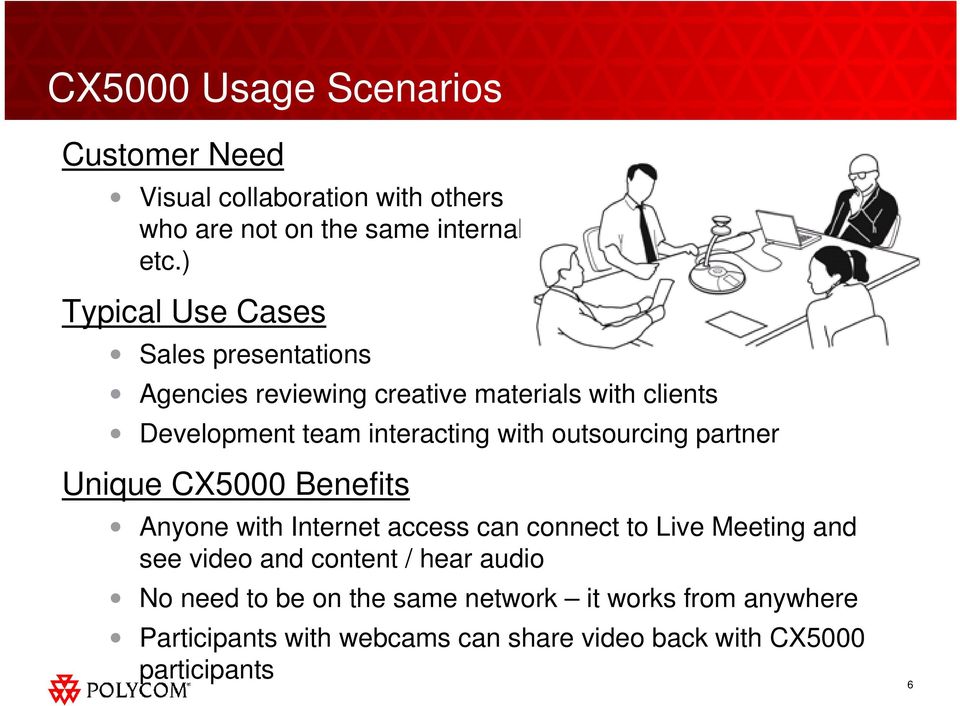 outsourcing partner Unique CX5000 Benefits Anyone with Internet access can connect to Live Meeting and see video and content / hear