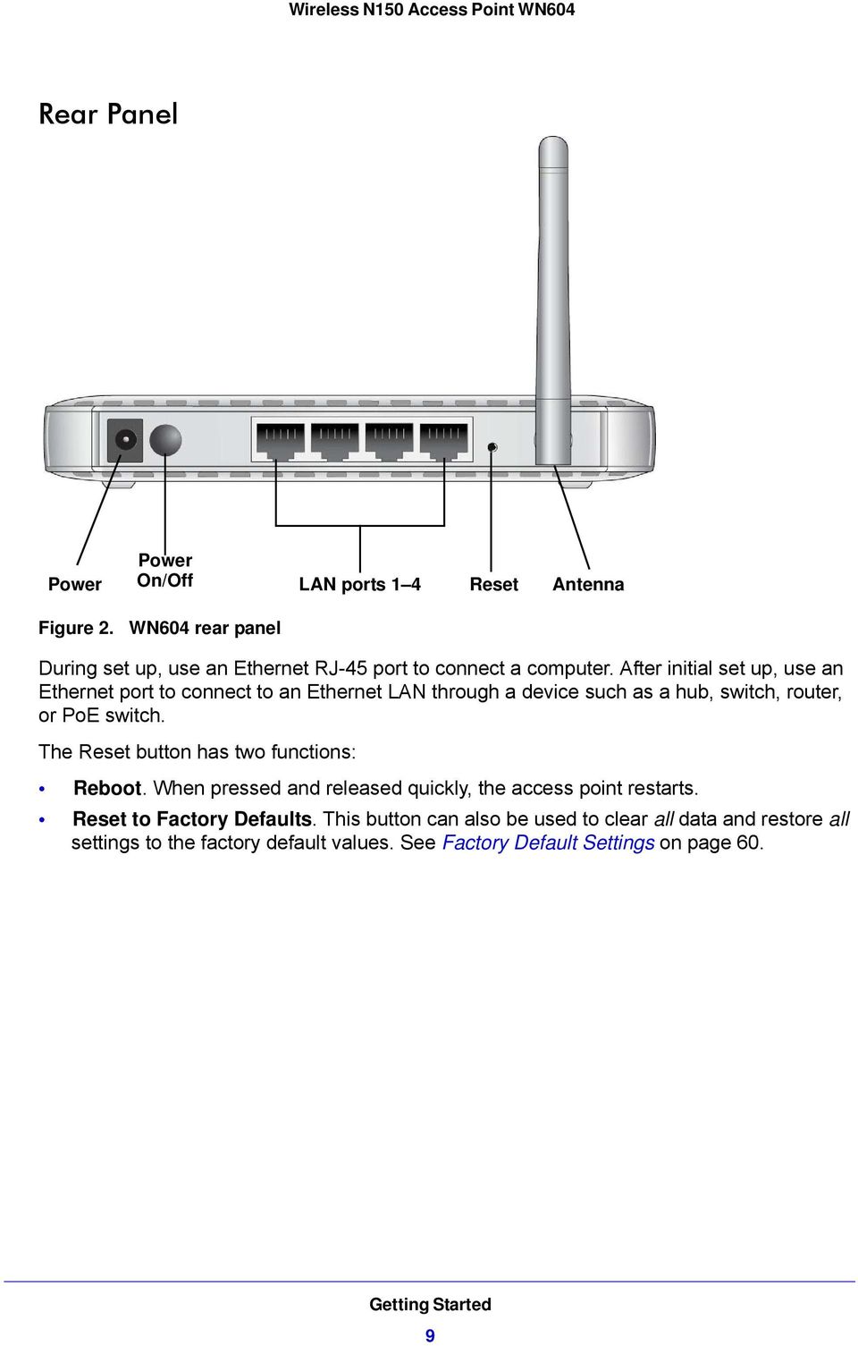 After initial set up, use an Ethernet port to connect to an Ethernet LAN through a device such as a hub, switch, router, or PoE switch.