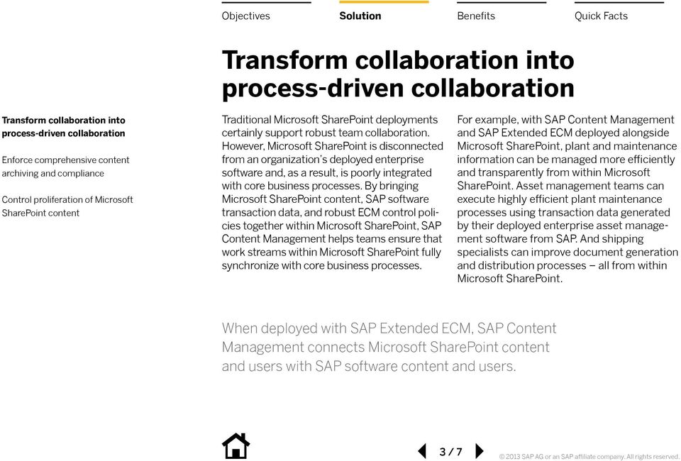 However, Microsoft SharePoint is disconnected from an organization s deployed enterprise software and, as a result, is poorly integrated with core business processes.