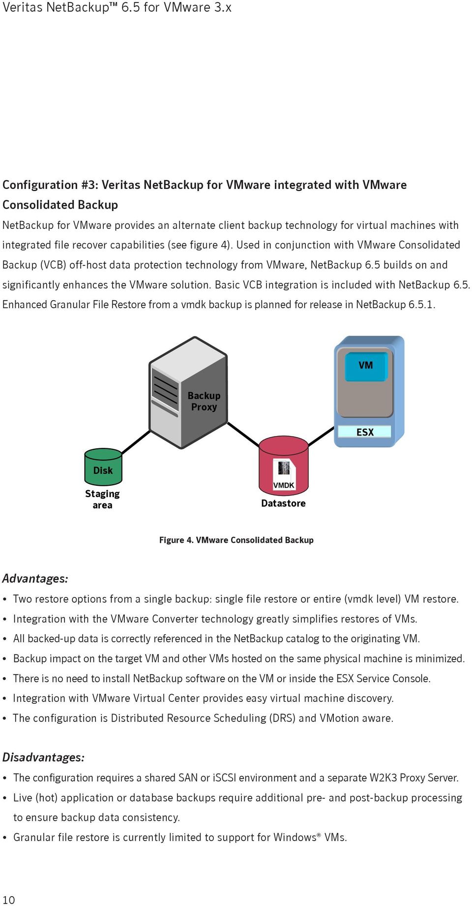 5 builds on and significantly enhances the VMware solution. Basic VCB integration is included with NetBackup 6.5. Enhanced Granular File Restore from a vmdk backup is planned for release in NetBackup 6.