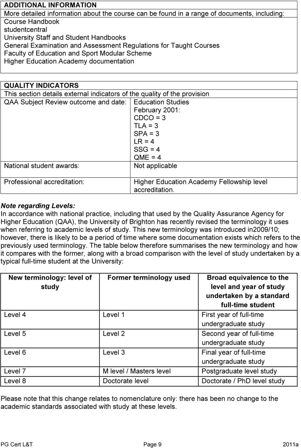 indicators of the quality of the provision QAA Subject Review outcome and date: Education Studies February 2001: CDCO = 3 TLA = 3 SPA = 3 LR = 4 SSG = 4 QME = 4 National student awards: Professional