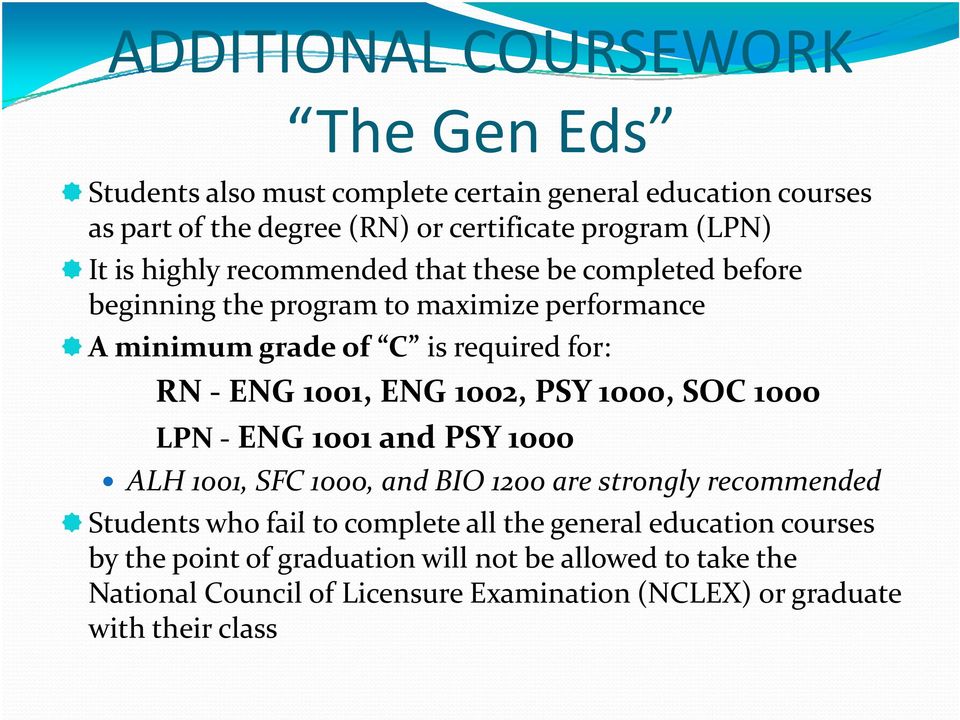 1002, PSY 1000, SOC 1000 LPN ENG 1001 and PSY 1000 ALH 1001, SFC 1000, and BIO 1200 are strongly recommended Students who fail to complete all the general