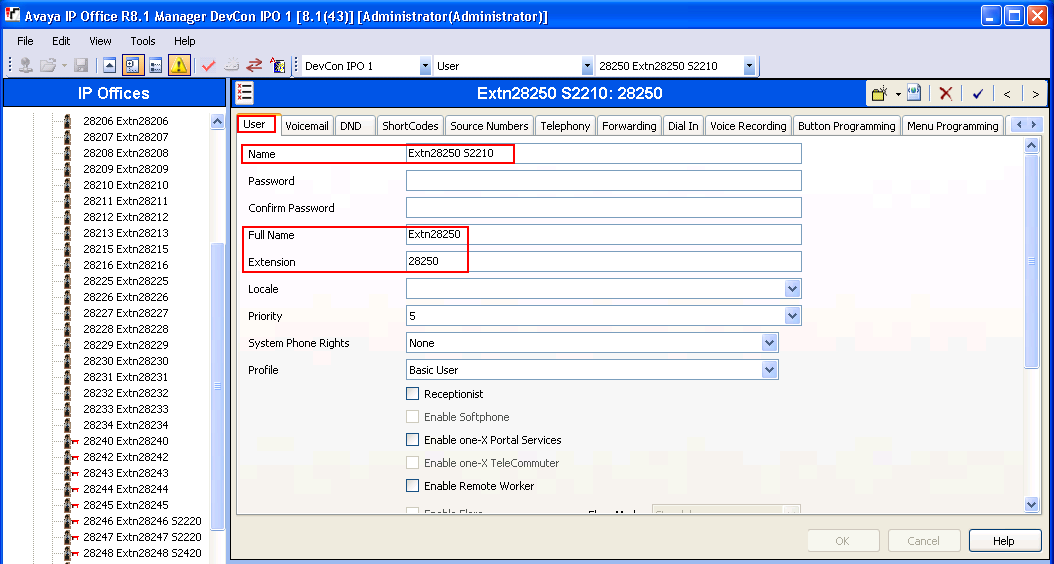 To assign a User to the above created Extension, right click on User seen on the left hand window pane of the IP Office Manager as shown below and select New.