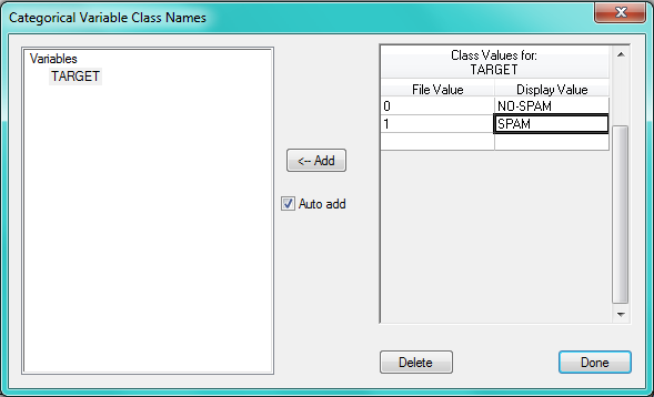 7. Click the Categorical tab at the top of the Model Setup window. Select the TARGET variable and click Set Class Names: 8.
