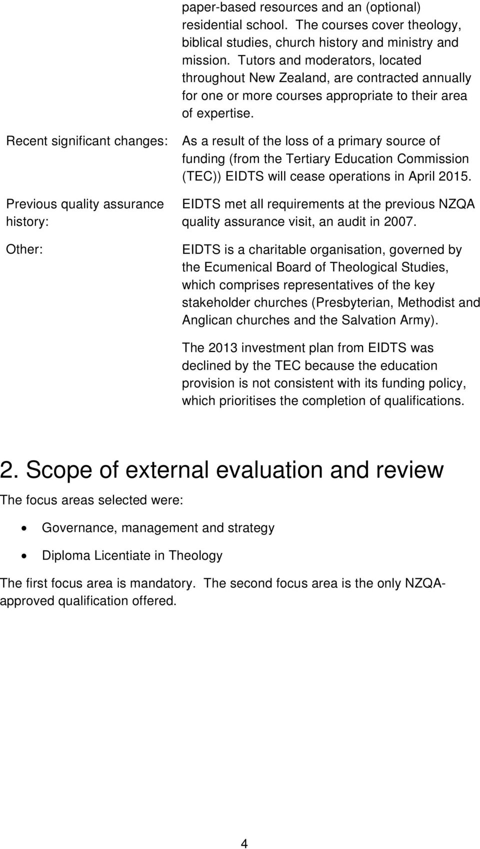 Recent significant changes: Previous quality assurance history: Other: As a result of the loss of a primary source of funding (from the Tertiary Education Commission (TEC)) EIDTS will cease