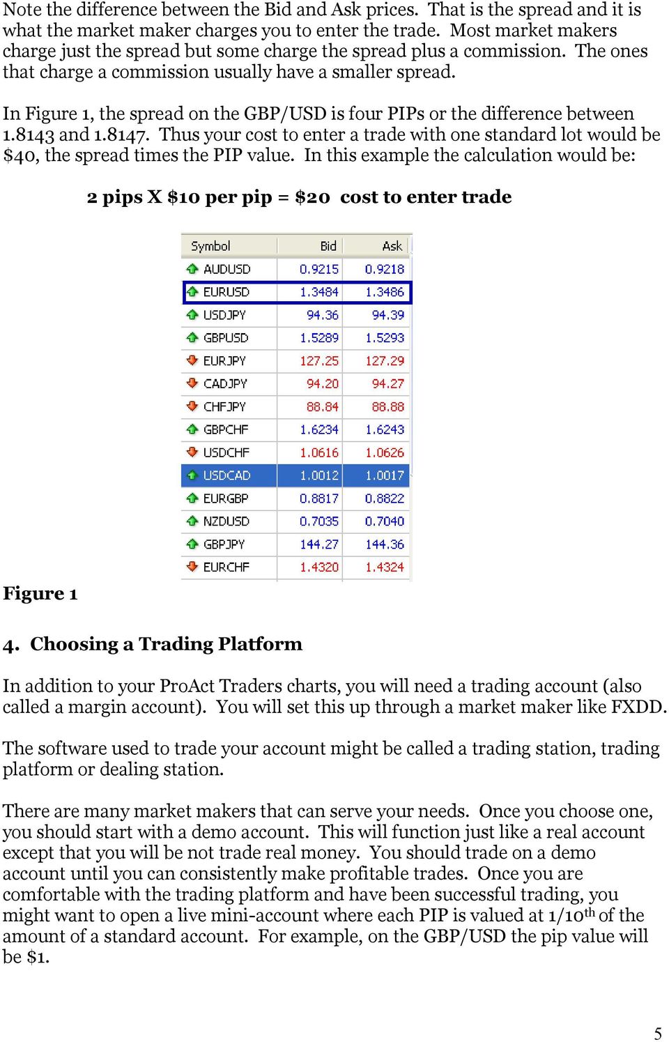 In Figure 1, the spread on the GBP/USD is four PIPs or the difference between 1.8143 and 1.8147. Thus your cost to enter a trade with one standard lot would be $40, the spread times the PIP value.