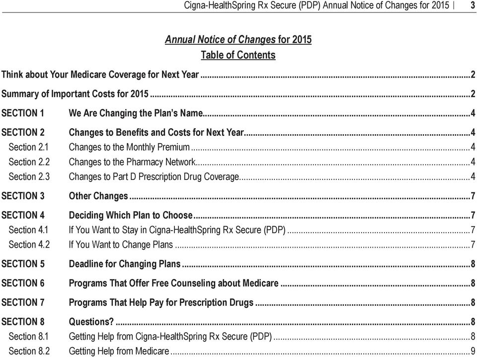 1 Section 8.2 We Are Changing the Plan s Name...4 Changes to Benefits and Costs for Next Year...4 Changes to the Monthly Premium...4 Changes to the Pharmacy Network.