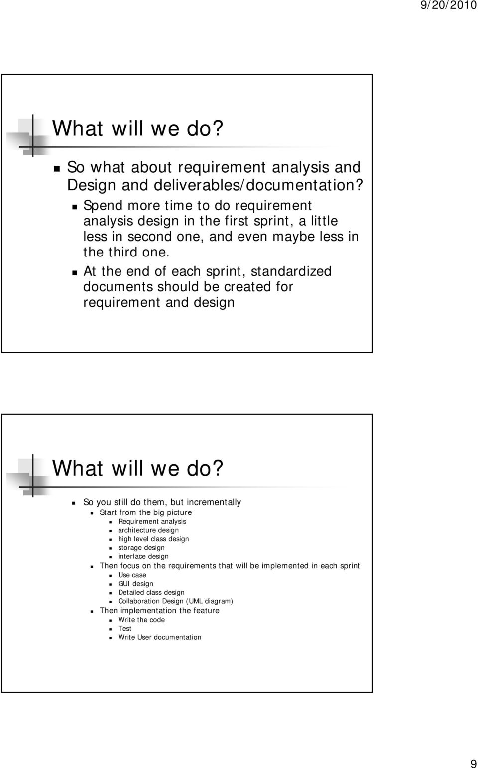 At the end of each sprint, standardized documents should be created for requirement and design What will we do?