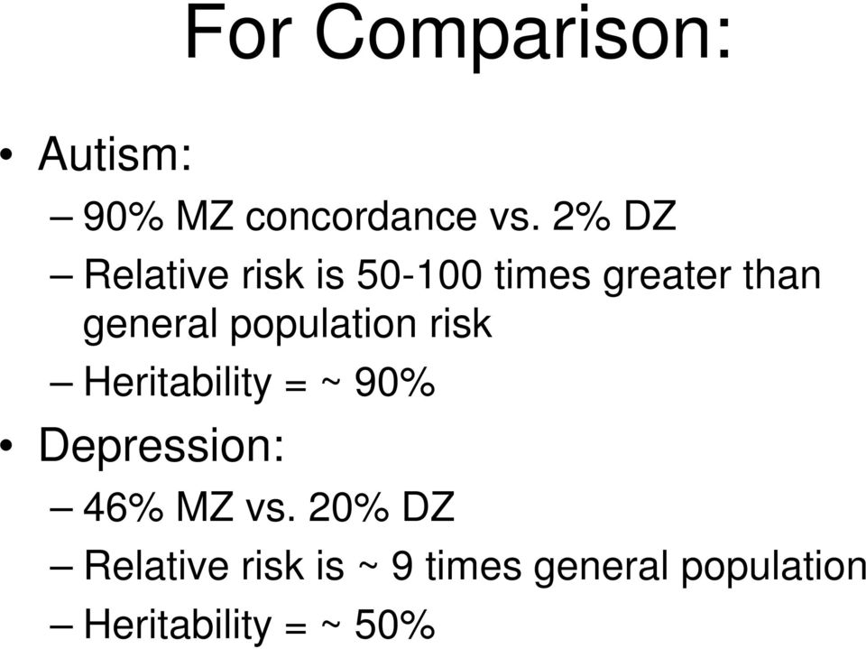 population risk Heritability = ~ 90% Depression: 46% MZ vs.