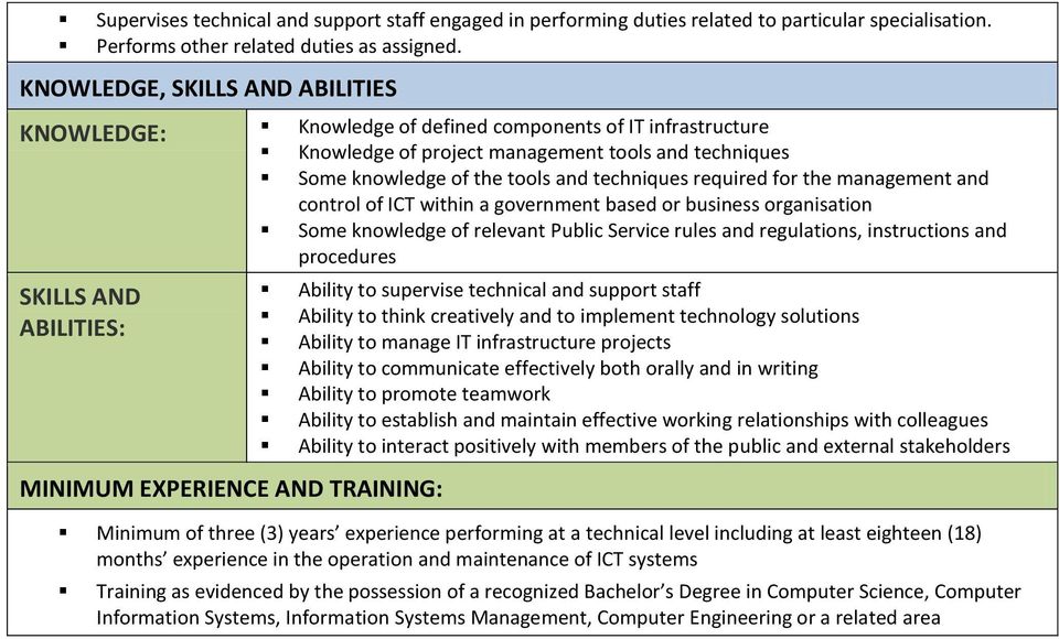 required for the management and control of ICT within a government based or business organisation Some knowledge of relevant Public Service rules and regulations, instructions and procedures SKILLS