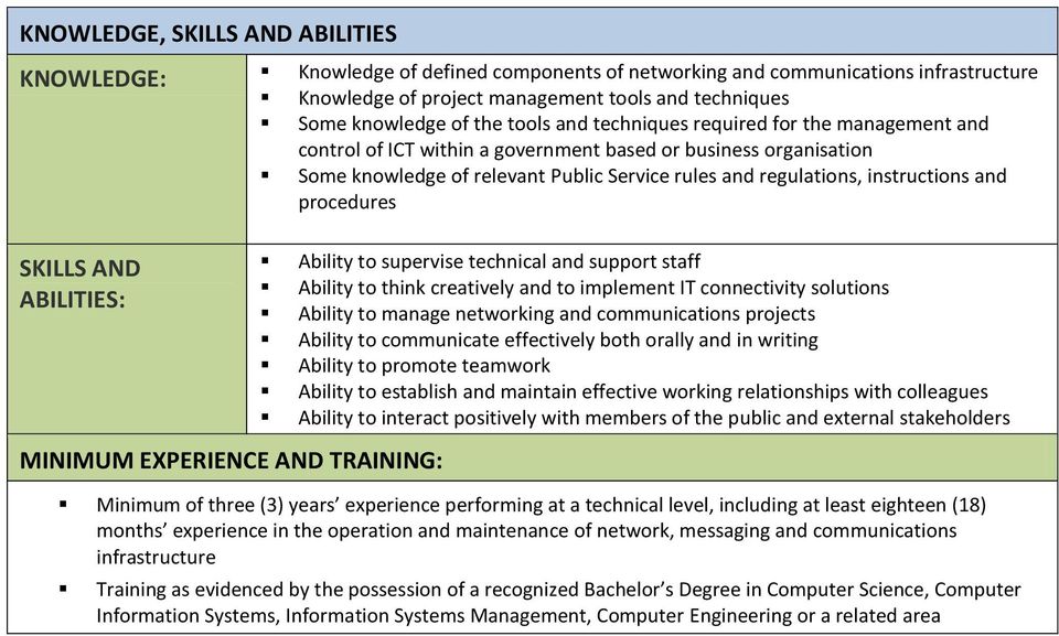 and procedures SKILLS AND ABILITIES: MINIMUM EXPERIENCE AND TRAINING: Ability to supervise technical and support staff Ability to think creatively and to implement IT connectivity solutions Ability