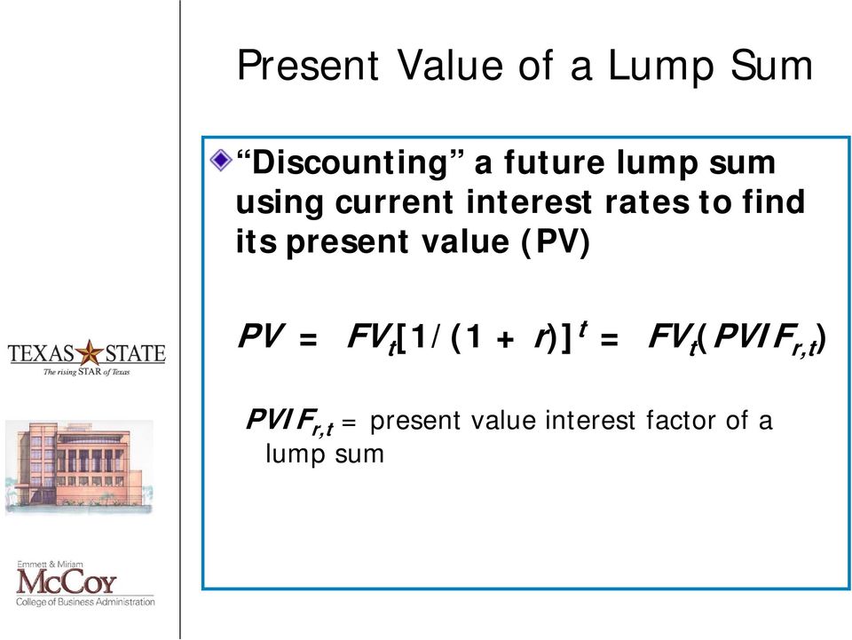 value (PV) PV = FV t [1/(1 + r)] t = FV t (PVIF r,t )