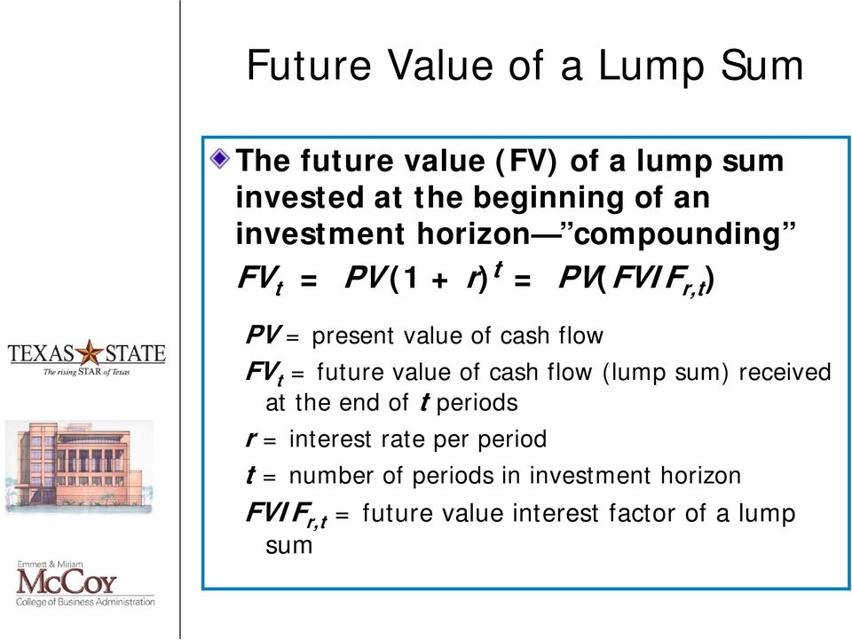 FV t = future value of cash flow (lump sum) received at the end of t periods r = interest rate per