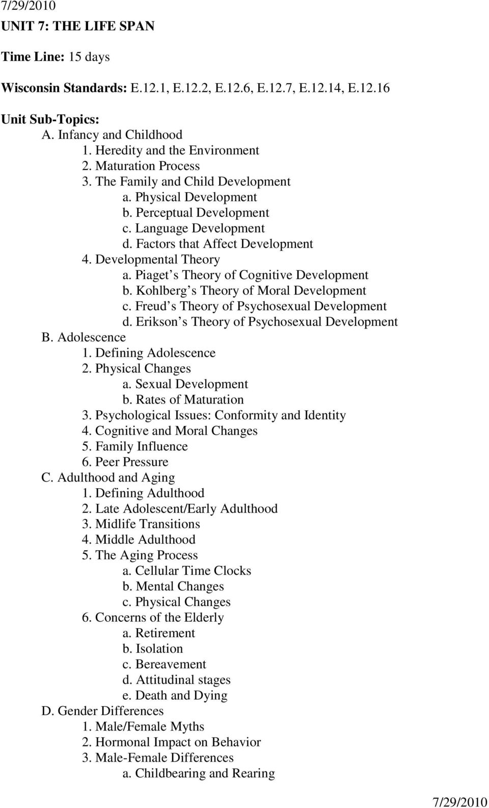 Piaget s Theory of Cognitive Development b. Kohlberg s Theory of Moral Development c. Freud s Theory of Psychosexual Development d. Erikson s Theory of Psychosexual Development B. Adolescence 1.