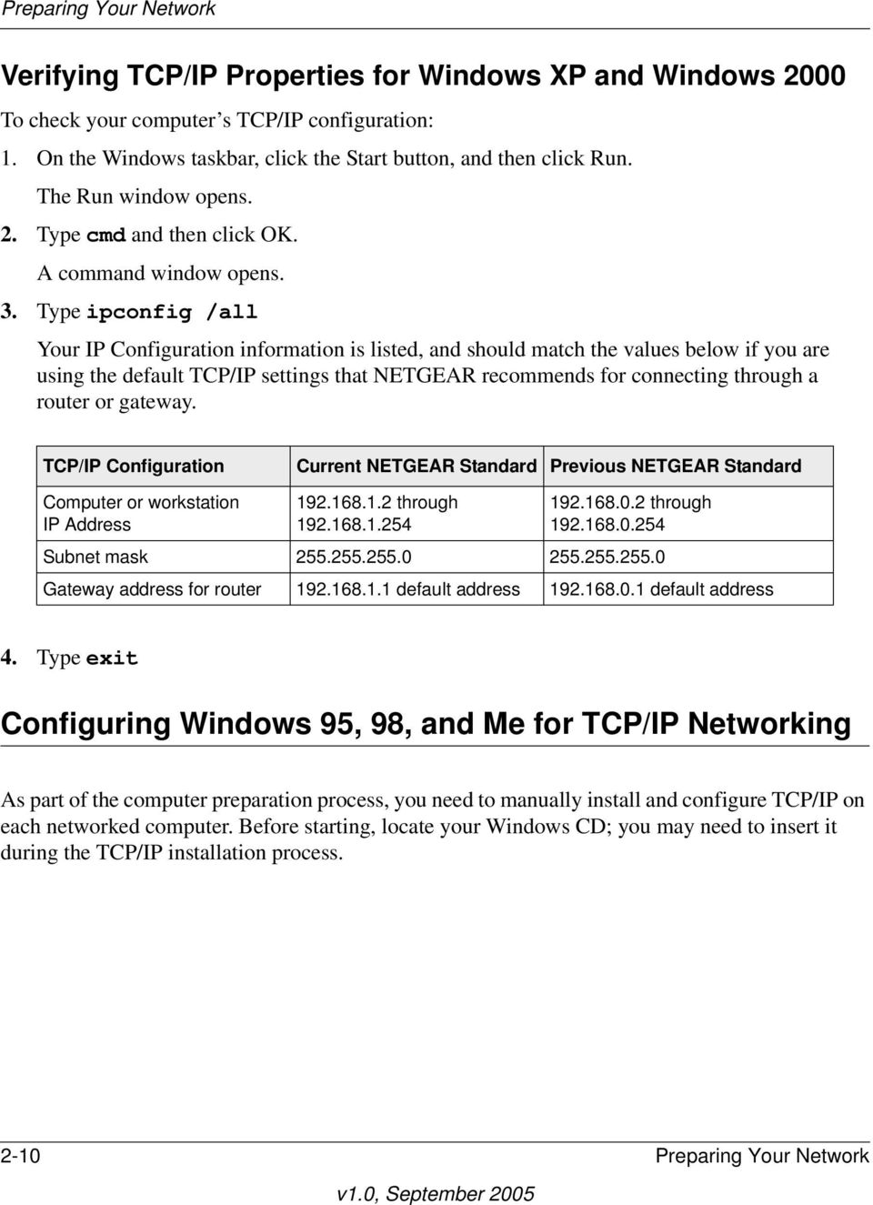 Type ipconfig /all Your IP Configuration information is listed, and should match the values below if you are using the default TCP/IP settings that NETGEAR recommends for connecting through a router