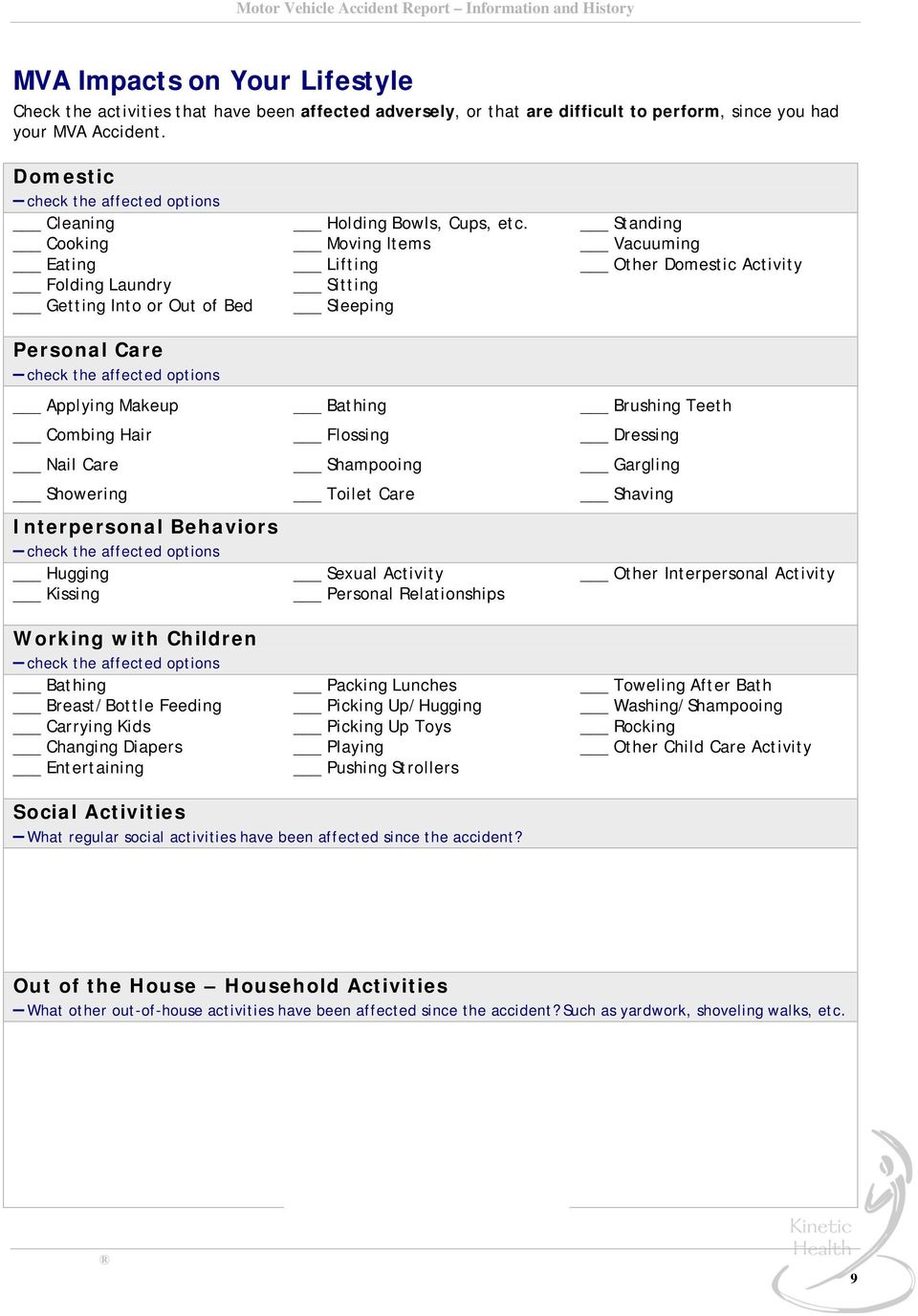 Interpersonal Behaviors check the affected options Hugging Kissing Working with Children check the affected options Bathing Breast/Bottle Feeding Carrying Kids Changing Diapers Entertaining Holding