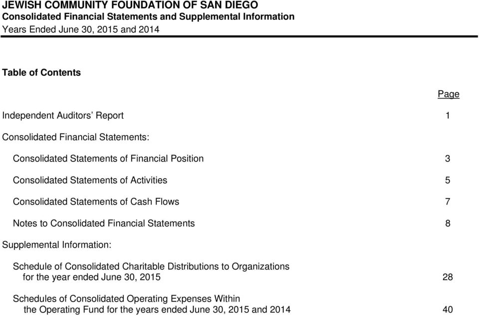 Cash Flows 7 Notes to Consolidated Financial Statements 8 Supplemental Information: Schedule of Consolidated Charitable Distributions to Organizations