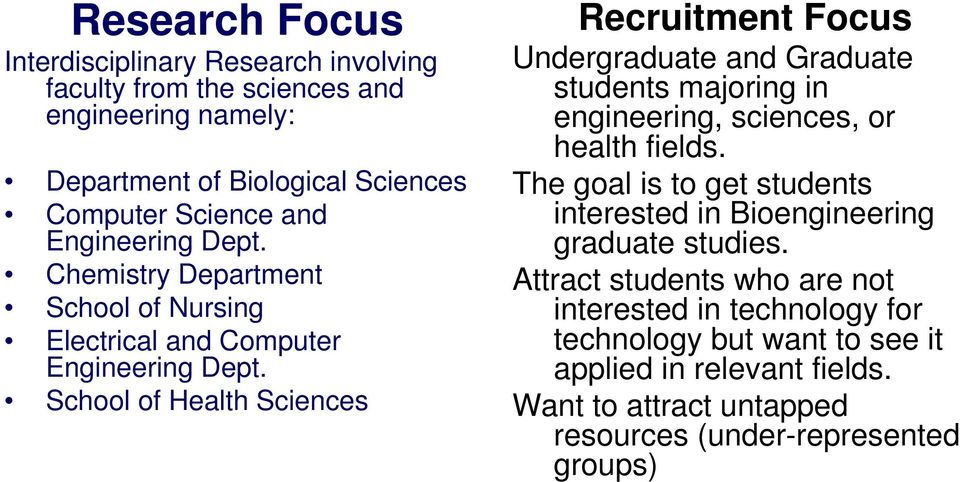 School of Health Sciences Recruitment Focus Undergraduate and Graduate students majoring in engineering, sciences, or health fields.