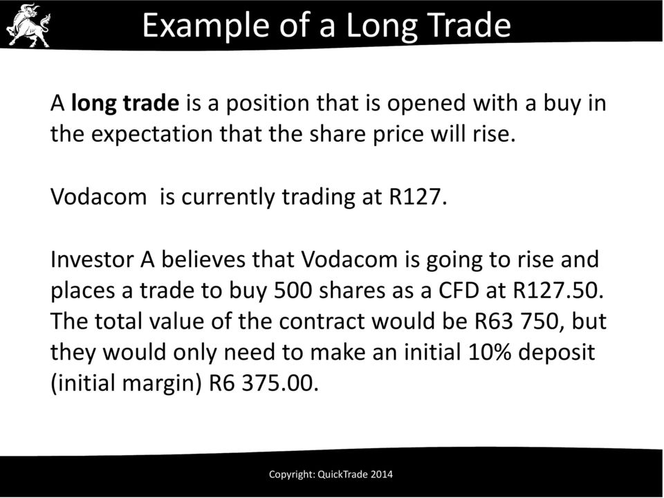 Investor A believes that Vodacom is going to rise and places a trade to buy 500 shares as a CFD at