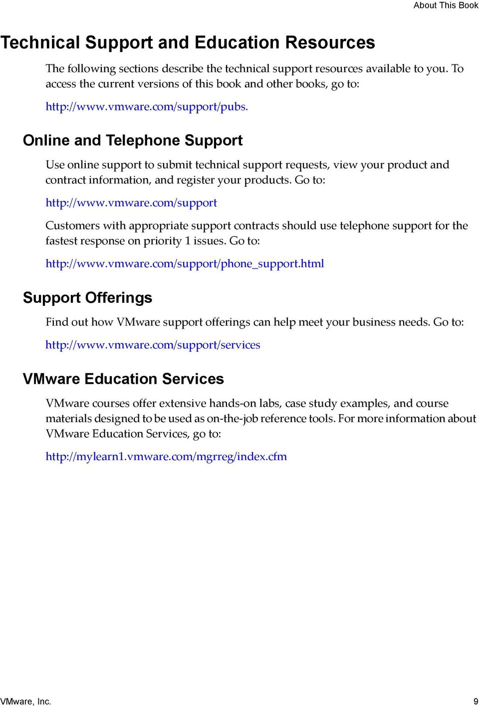 Online and Telephone Support Use online support to submit technical support requests, view your product and contract information, and register your products. Go to: http://www.vmware.