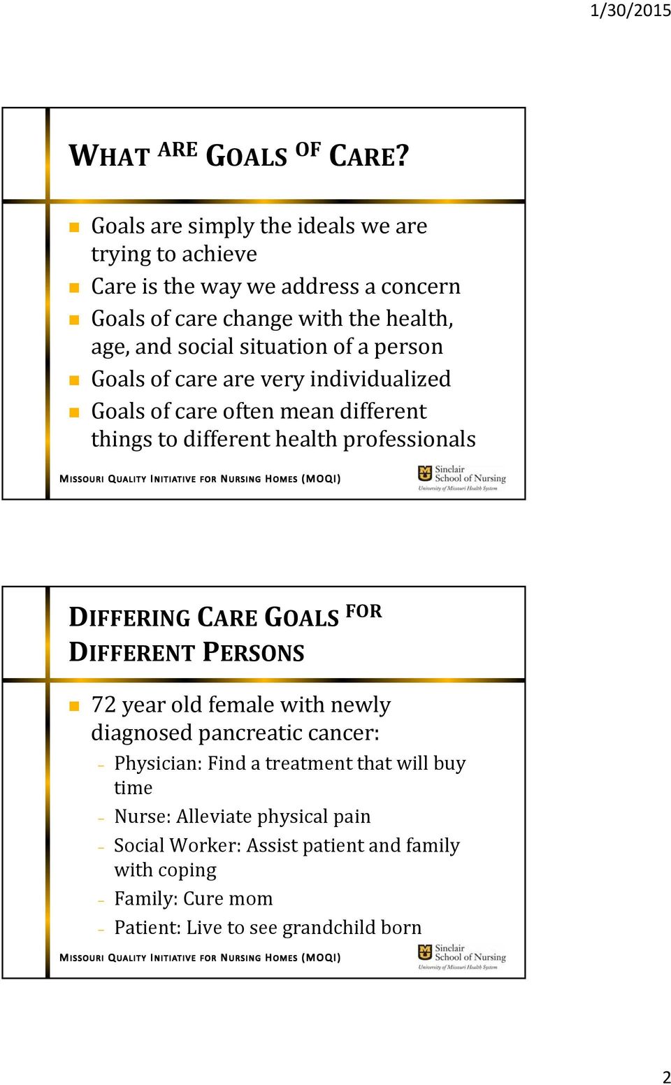 situation of a person Goals of care are very individualized Goals of care often mean different things to different health professionals DIFFERING
