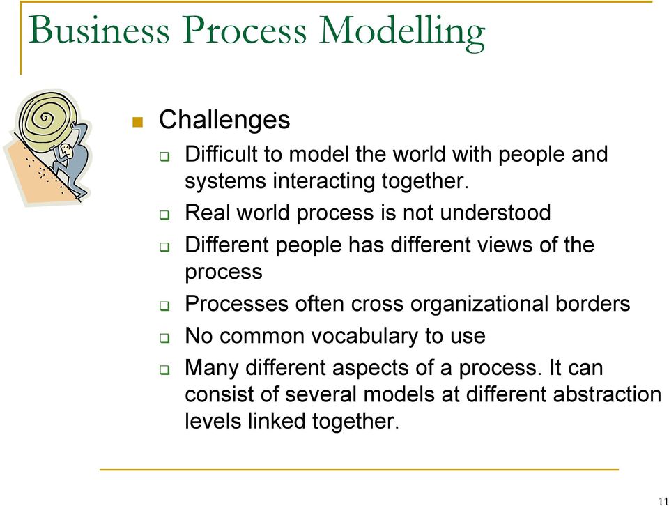 Real world process is not understood Different people has different views of the process Processes