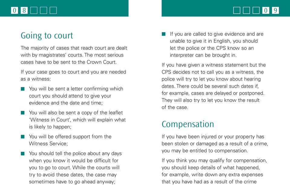 copy of the leaflet Witness in Court, which will explain what is likely to happen; You will be offered support from the Witness Service; You should tell the police about any days when you know it