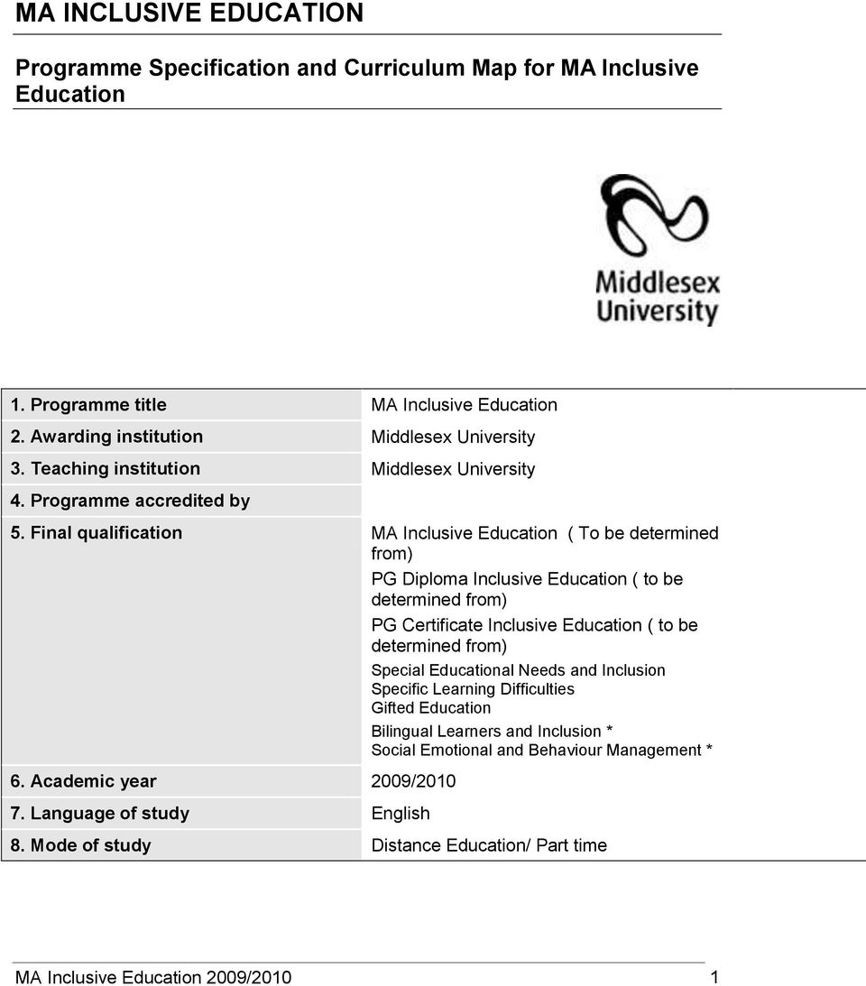 Final qualification MA Inclusive Education ( To be determined from) PG Diploma Inclusive Education ( to be determined from) PG Certificate Inclusive Education ( to be determined from)
